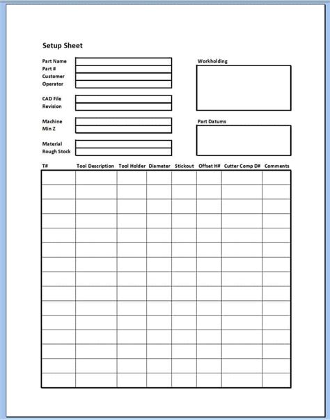 cnc mill setup sheet template